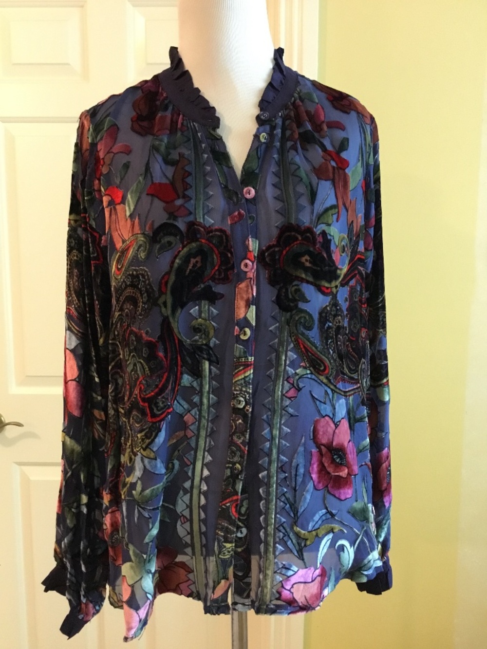 Johnny Was Burnout Velvet Floral Blouse